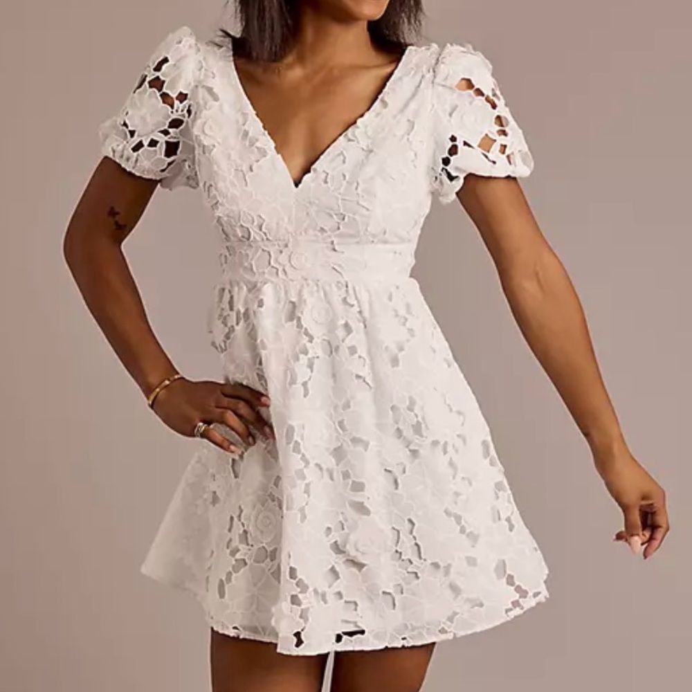 White Lace V-Neck Puff Sleeve Dress - Brand